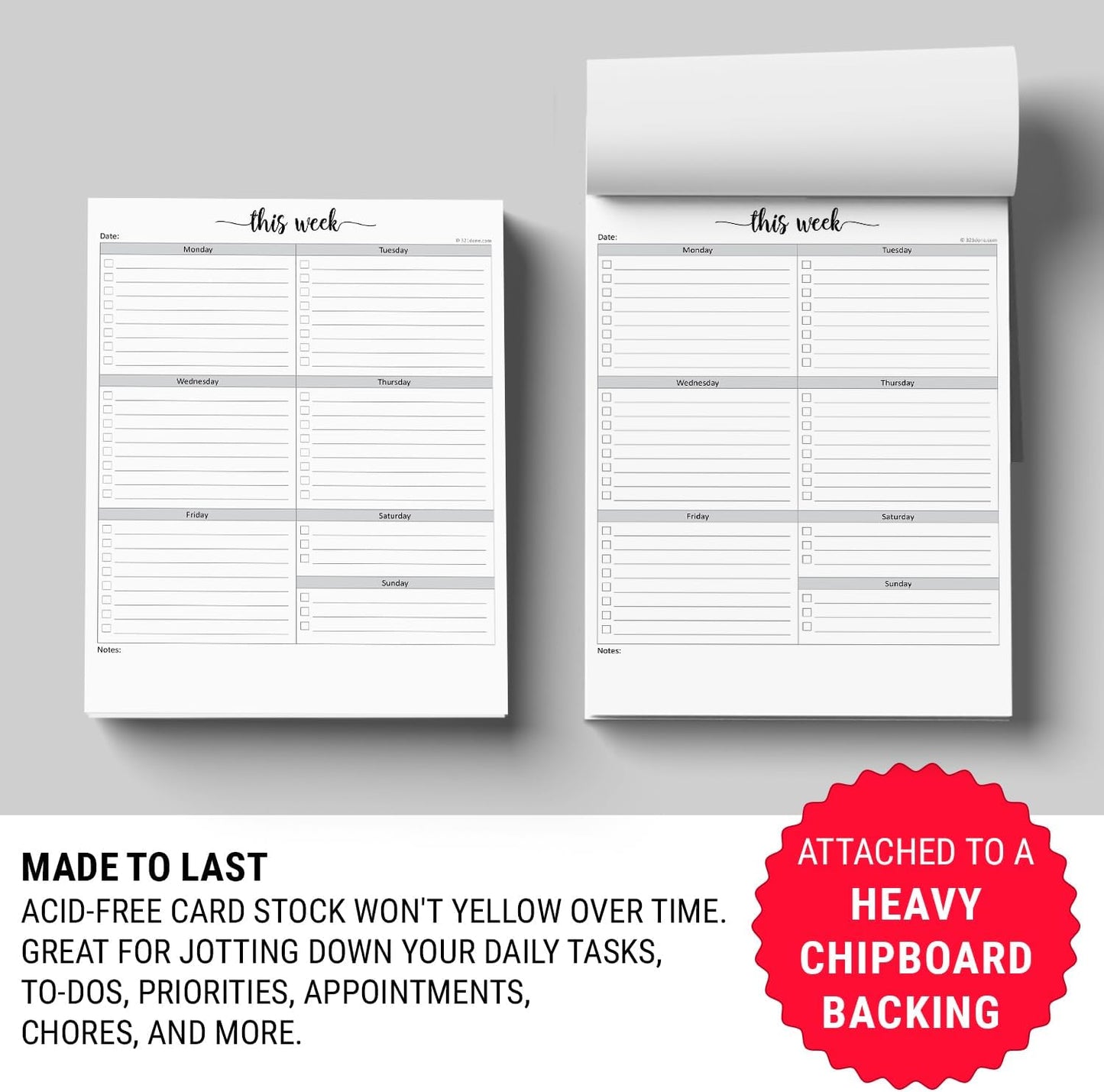 321Done Weekly Checklist Notepad, 5.5x8.5 Size Pad - 50 Tear-Off Sheets, Undated Monday-Sunday Schedule, Daily Task Planner for Home, Office & Student Use - Made in USA