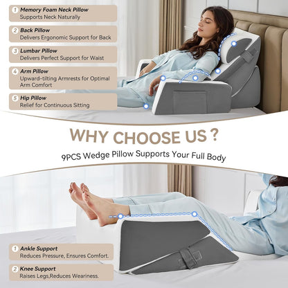 Yojoker 4PCS Orthopedic Bed Wedge Pillow Set for Sleeping, Post Surgery Foam Pillow for Body, Back and Leg Pain Relief, Triangle Adjustable Support Pillow - Acid Reflux, Anti Snoring & GERD Sleeping