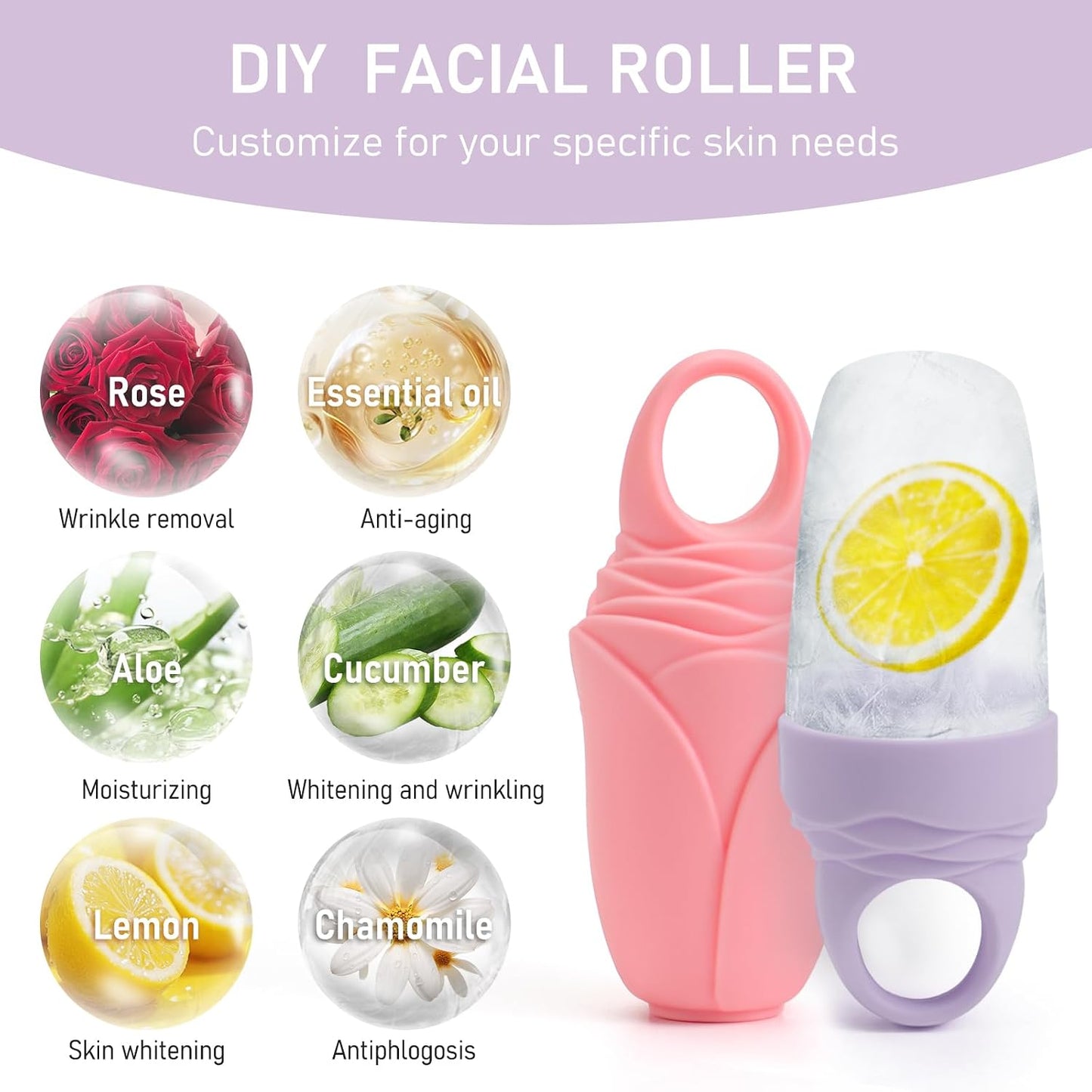 3 Pack Ice Roller for Face, Facial Ice Roller Silicone Mold Reusable for Face Women and Eye Neck Cold Skin Care Tools Freezer De Puff Eye Bags Reduce Migraine Pain Pink 1 + Purple 2