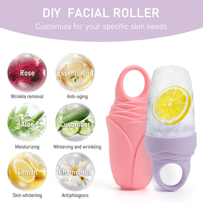 3 Pack Ice Roller for Face, Facial Ice Roller Silicone Mold Reusable for Face Women and Eye Neck Cold Skin Care Tools Freezer De Puff Eye Bags Reduce Migraine Pain Pink 1 + Purple 2