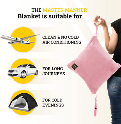 Travel Blanket Airplane Compact with Hoodie – 2in1 Airplane Travel Accessories from Plane Blanket to Travel Pillow with Luggage Strap, Soft Handle & Secure Pocket