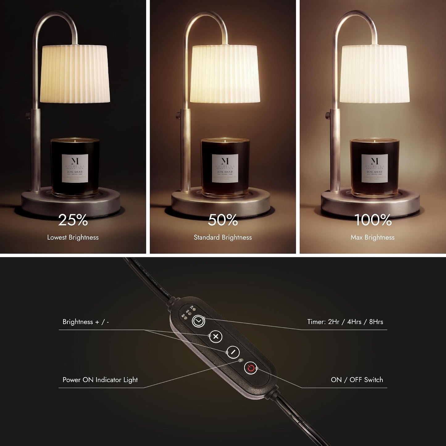 Dimmable Glass Candle Warmer Lamp with Timer - Adjustable Height Candle Lamp Warmer with Timer (8H/4H/2H) - Wax Melter - Ideal Gift, fits Various Size Scented Candles - 02 Bulb - (Gold Metal)