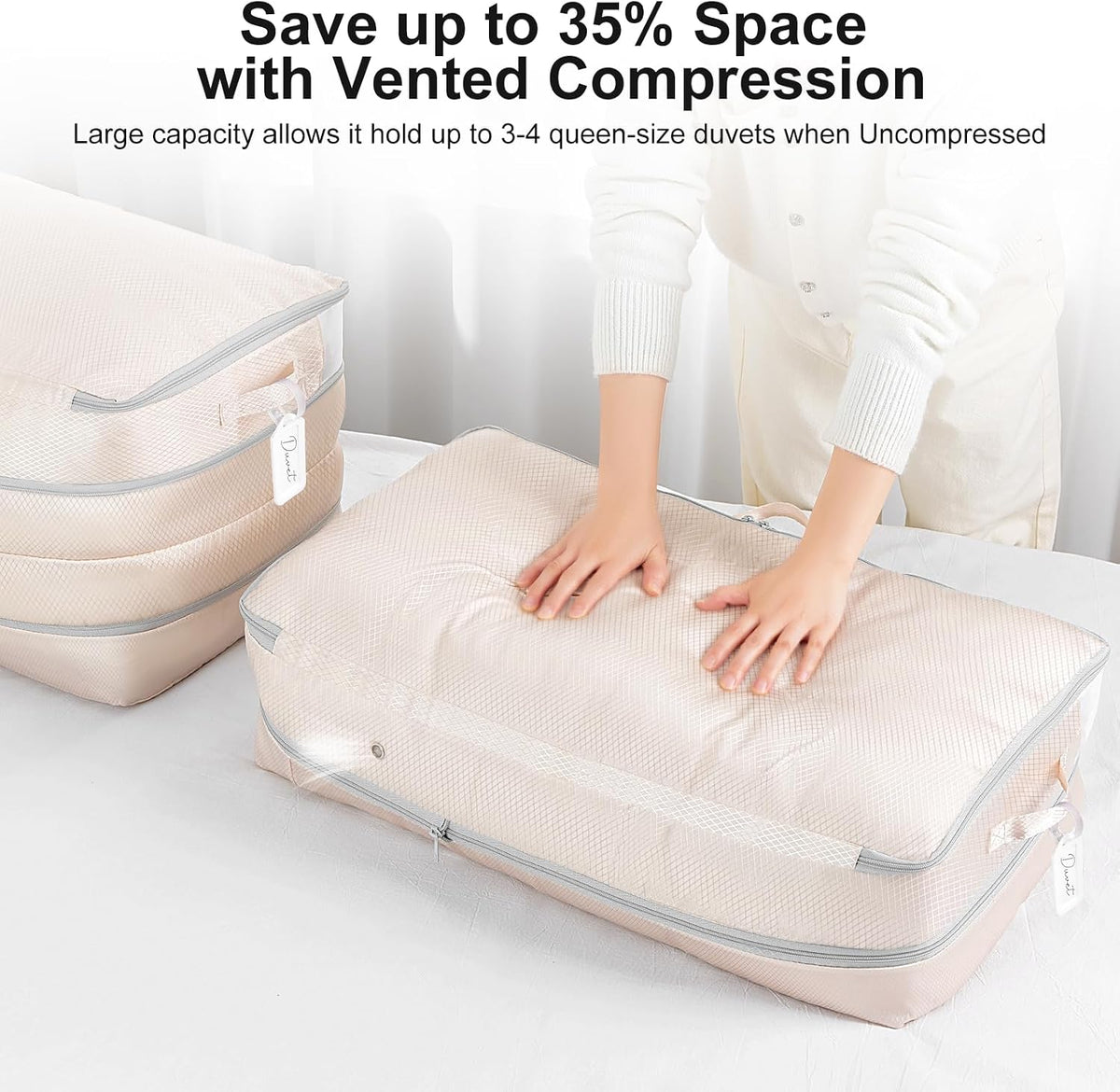 Comforter Storage Bag - Large Capacity Bedding Storage Bags Ultra Space Saving Self Compression Organizer, Washable Compression Bags for Storage Comforter Blanket Duvet Pillow, Beige