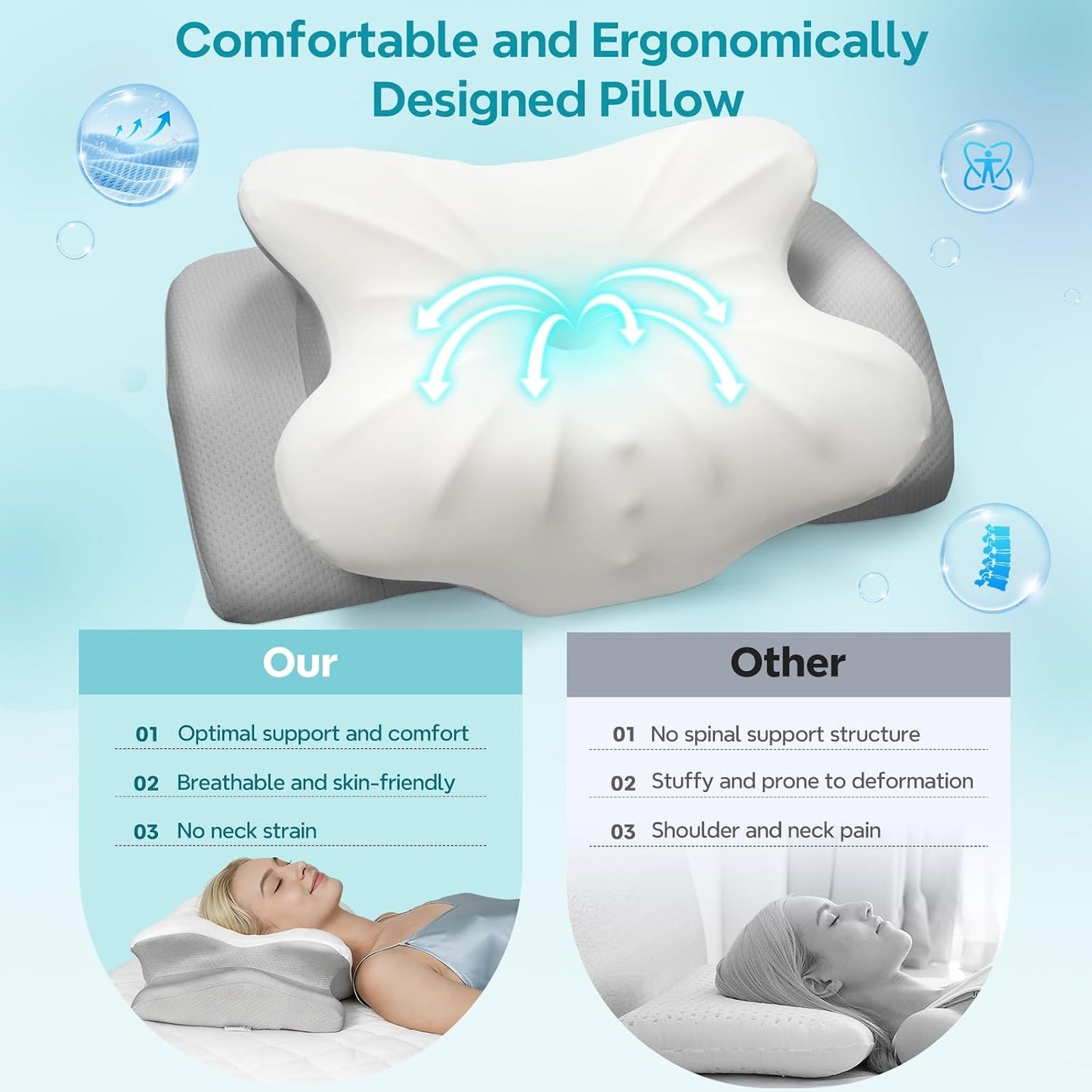 Cervical Pillow for Neck Pain Relief, Ergonomic Pillow for Side Sleeper, Memory Foam Neck Support for Back Stomach Sleepers, Cooling Breathable Orthopedic Contour Pillows for Sleep Apnea Snore, White