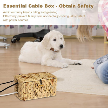 BTSKY Woven Cable Management Box with Lid Water Hyacinth Cord Organizer, S