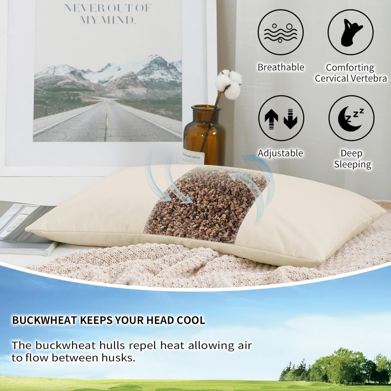 LOFE® Organic Buckwheat Pillow for Sleeping with Organic Cotton Pillowcase | Adjustable Height for Neck Pain Relief, 20x26'' For Side/Back Sleepers, Cooling Pillow, Machine Washable Pillowcase