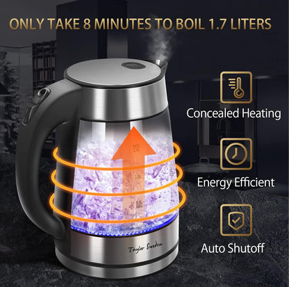 Taylor Swoden 1.7L Electric Tea Kettle, Glass Hot Water Boiler for Tea