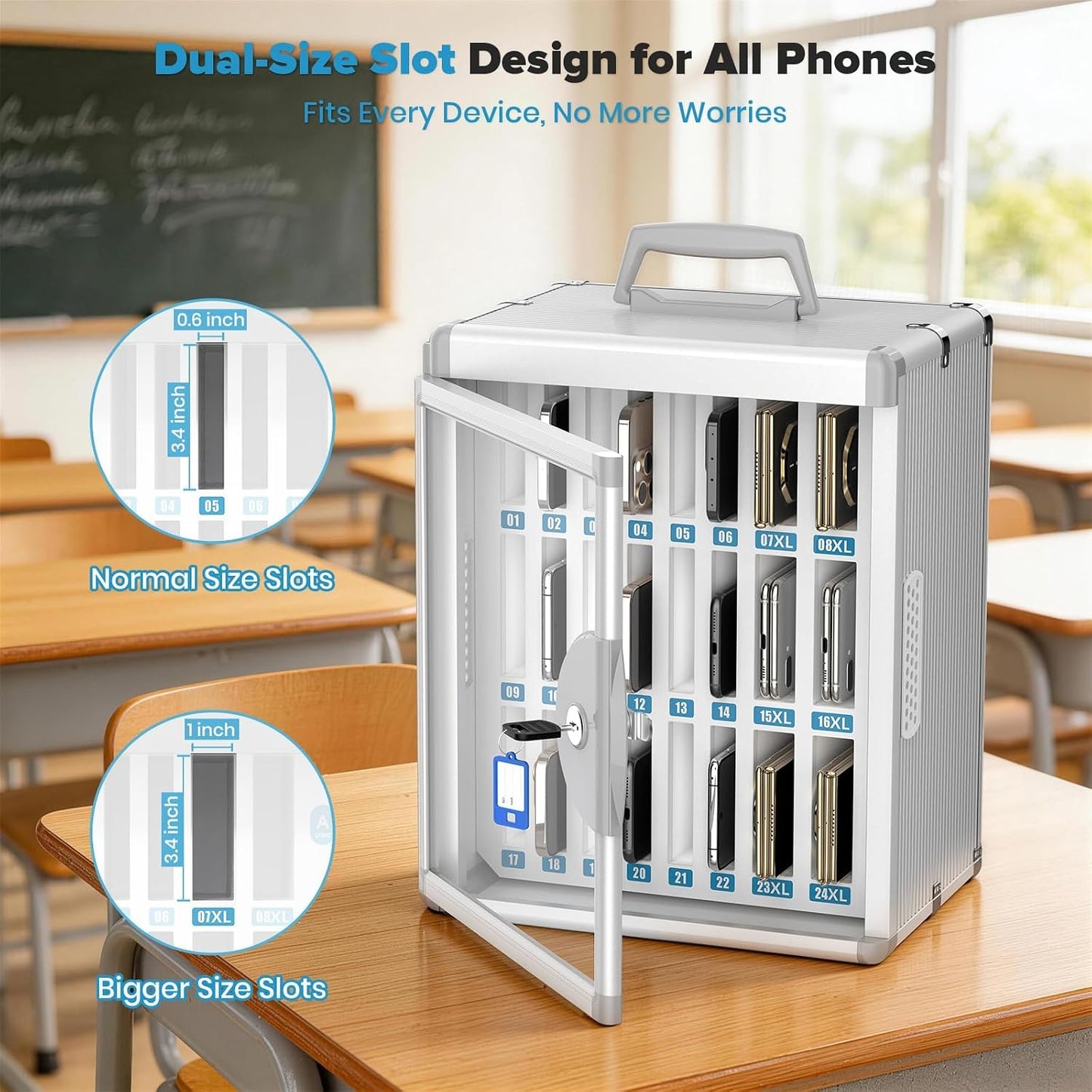 24 Slots Cell Phone Locker, Classroom Phone Storage Cabinet with Key, 【Wall Mounted】 【Aluminum Alloy】 Phone Lock Box, Mobile Phone Lockbox with Handle for School Office Exam(Silver)