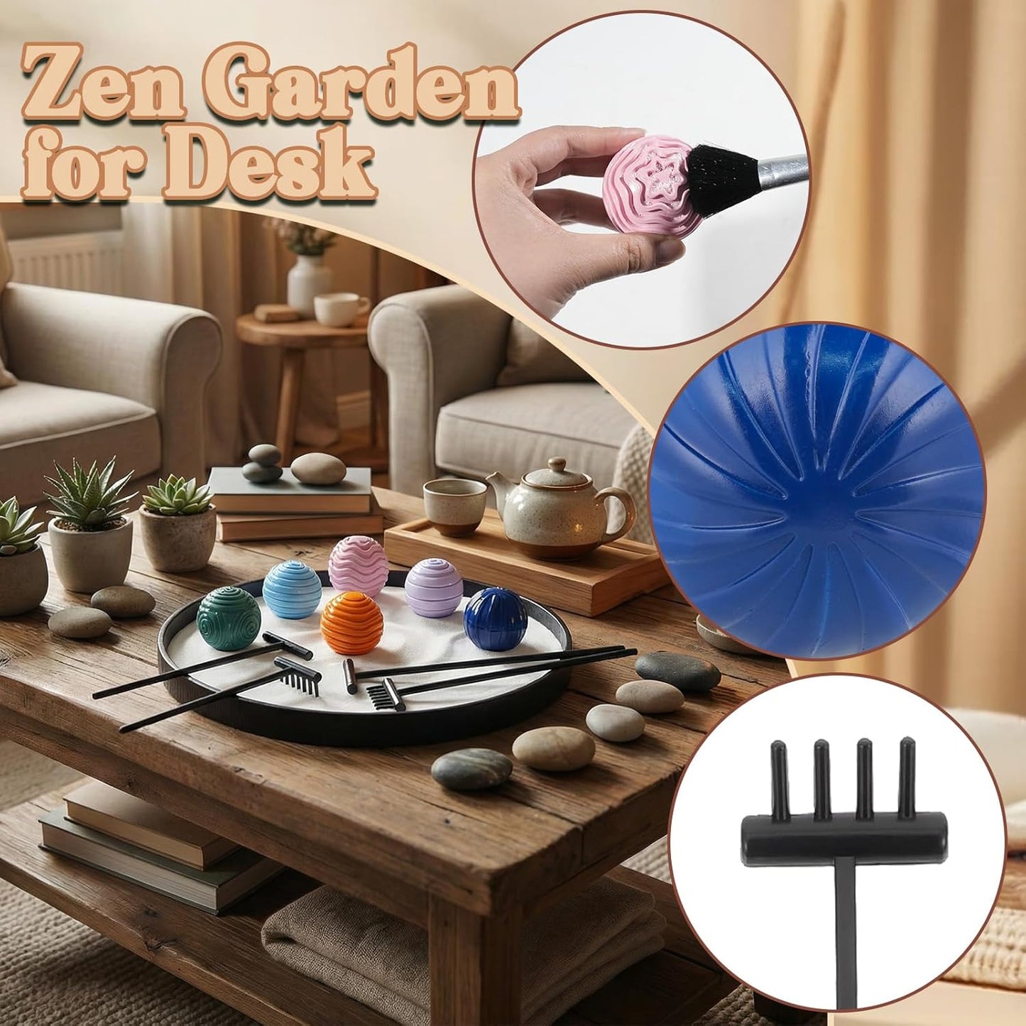 Wowagoga Desk Zen Garden Kit with 6 Textured Sensory Balls, Sand & Tools, Mini Meditation Set for Stress Relief and Desktop Decor