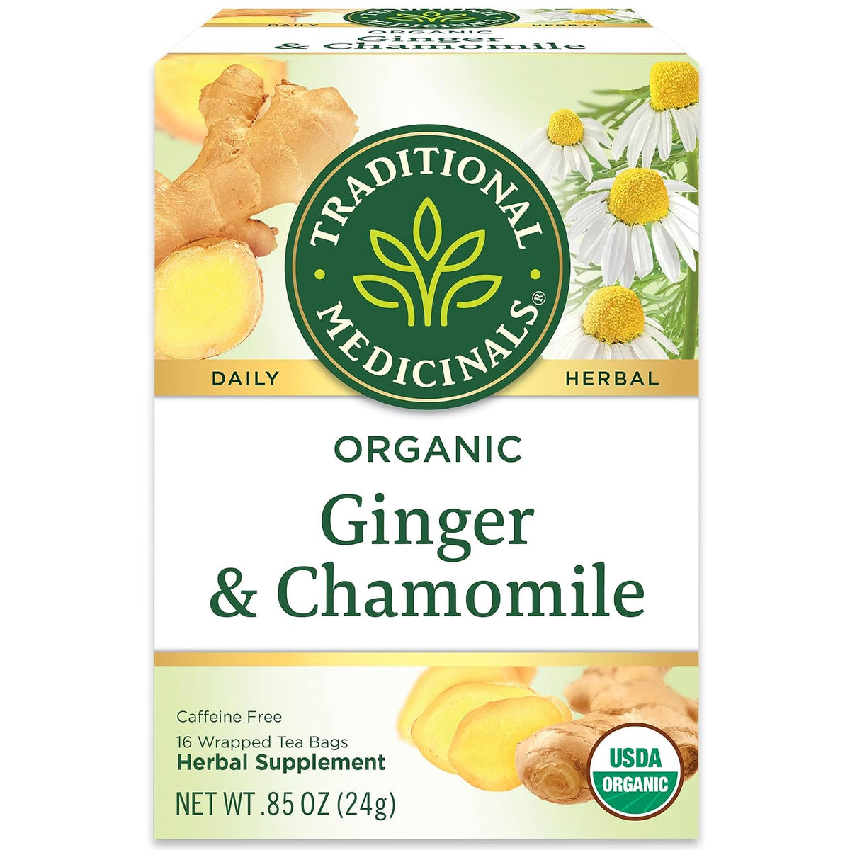 Traditional Medicinals Organic Ginger & Chamomile Herbal Tea, Relieves Occasional Indigestion or Nausea, (Pack of 3) - 48 Tea Bags Total