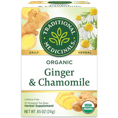 Traditional Medicinals Organic Ginger & Chamomile Herbal Tea, Relieves Occasional Indigestion or Nausea, (Pack of 3) - 48 Tea Bags Total