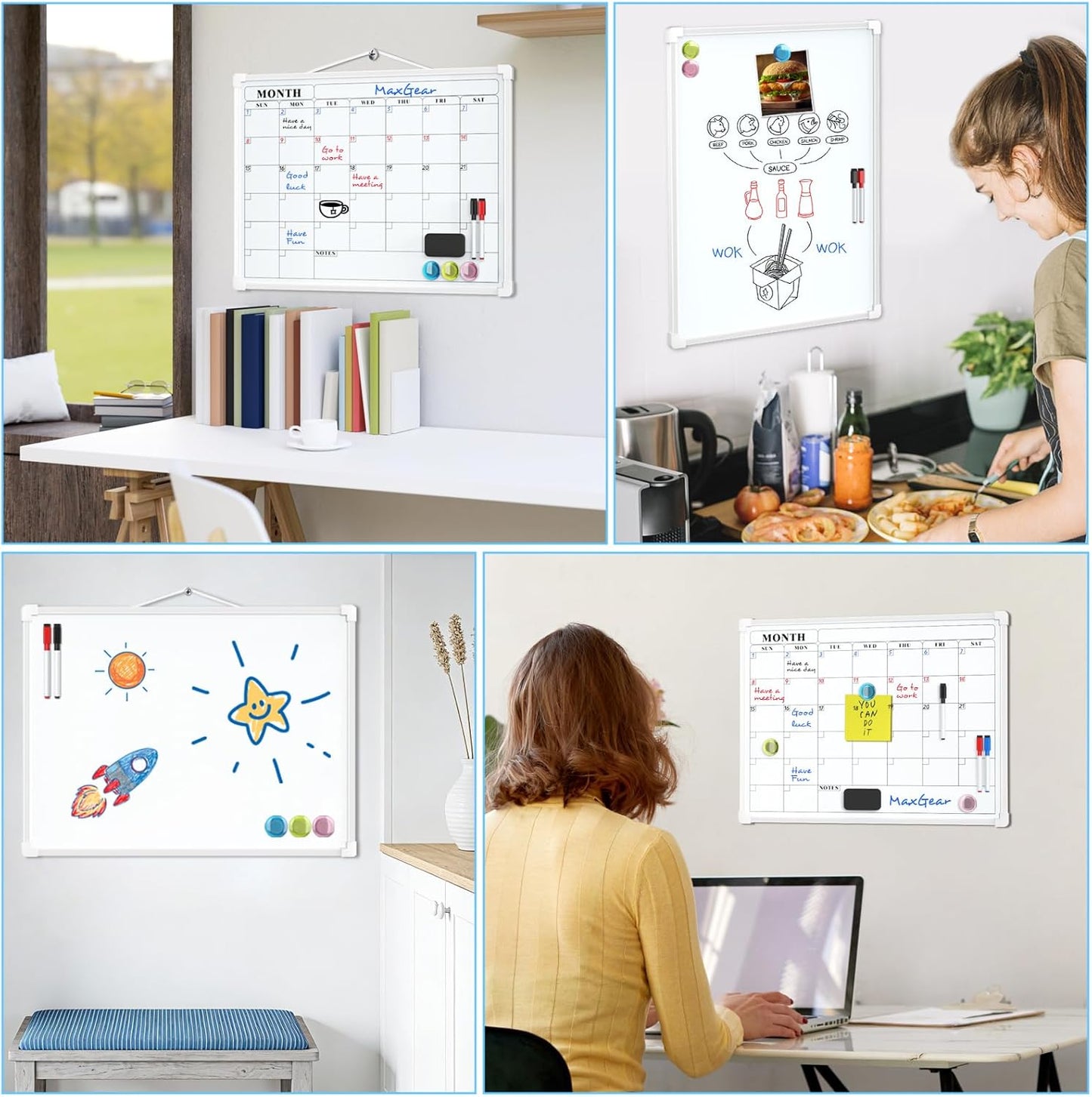 MaxGear Monthly Calendar Dry Erase Board for Wall, 16"x12", White Frame | Double-Sided, Hanging Small White Board, Portable Whiteboard for Planning, Drawing, Memo, to Do List, Home, Kitchen, Office