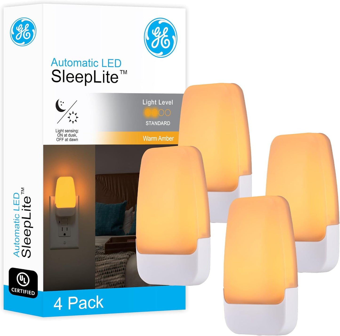 GE Sleeplite Night Lights Plug Into Wall, Dusk to Dawn Sensor, Ambient Lighting, Sleep Aid, Bathroom Decor, LED Lights for Bedroom, Apartment Essentials, Smart Home,86153, Amber, 4 Pack