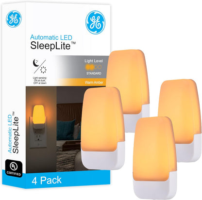GE Sleeplite Night Lights Plug Into Wall, Dusk to Dawn Sensor, Ambient Lighting, Sleep Aid, Bathroom Decor, LED Lights for Bedroom, Apartment Essentials, Smart Home,86153, Amber, 4 Pack
