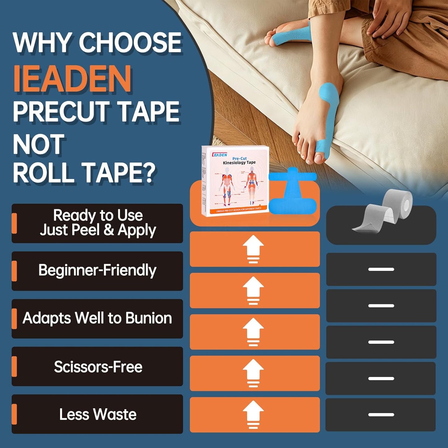 Precut Kinesiology Tape for Bunion, 40 Pcs, Bunion Corrector, Big Toe Support and Pain Relief, Breathable Hypoallergenic Latex-Free Tape (Black)
