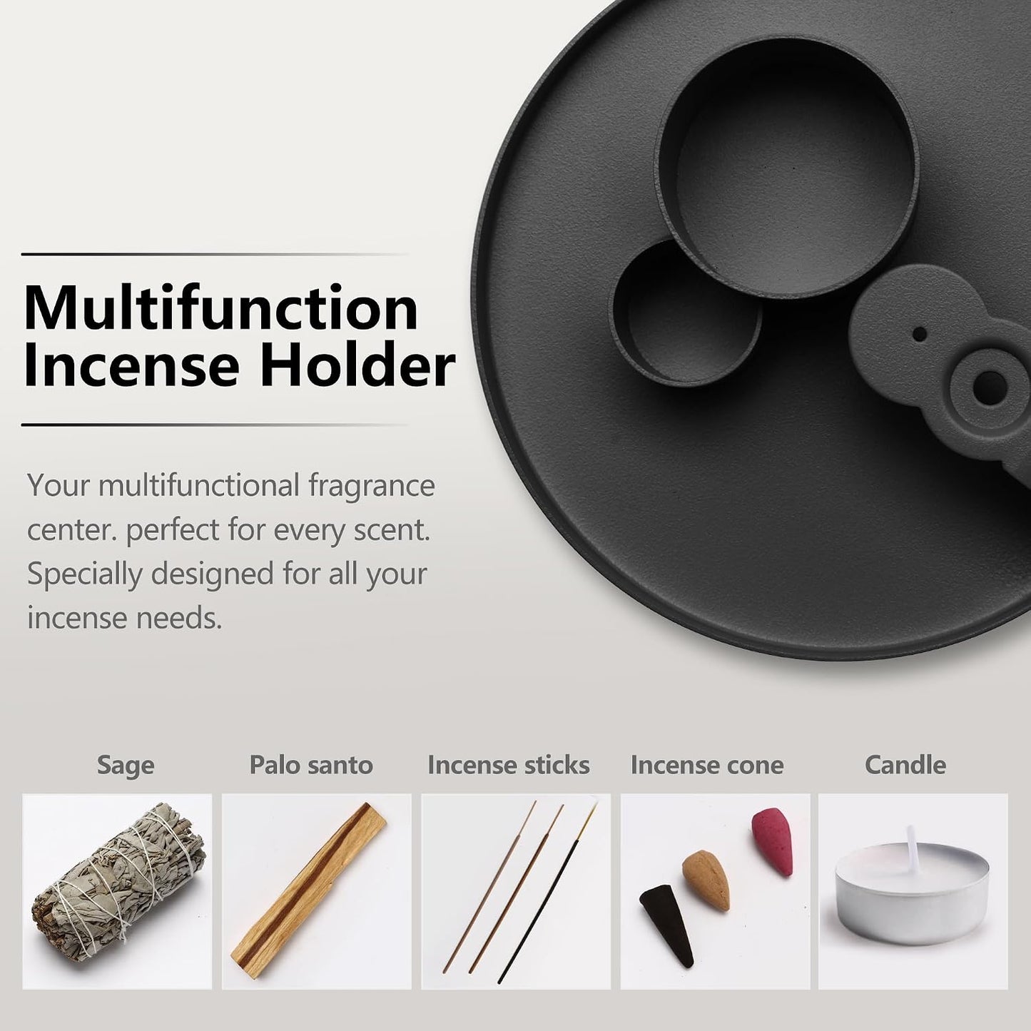 4 in 1 Incense Holder, Sage Burner Holder, Palo Santo Holder Burner, 5.47" Ash Catch Tray, Smudge Stick Holder with Handle for Incense Sticks Incense Cone, Yoga Meditation and Room Decor