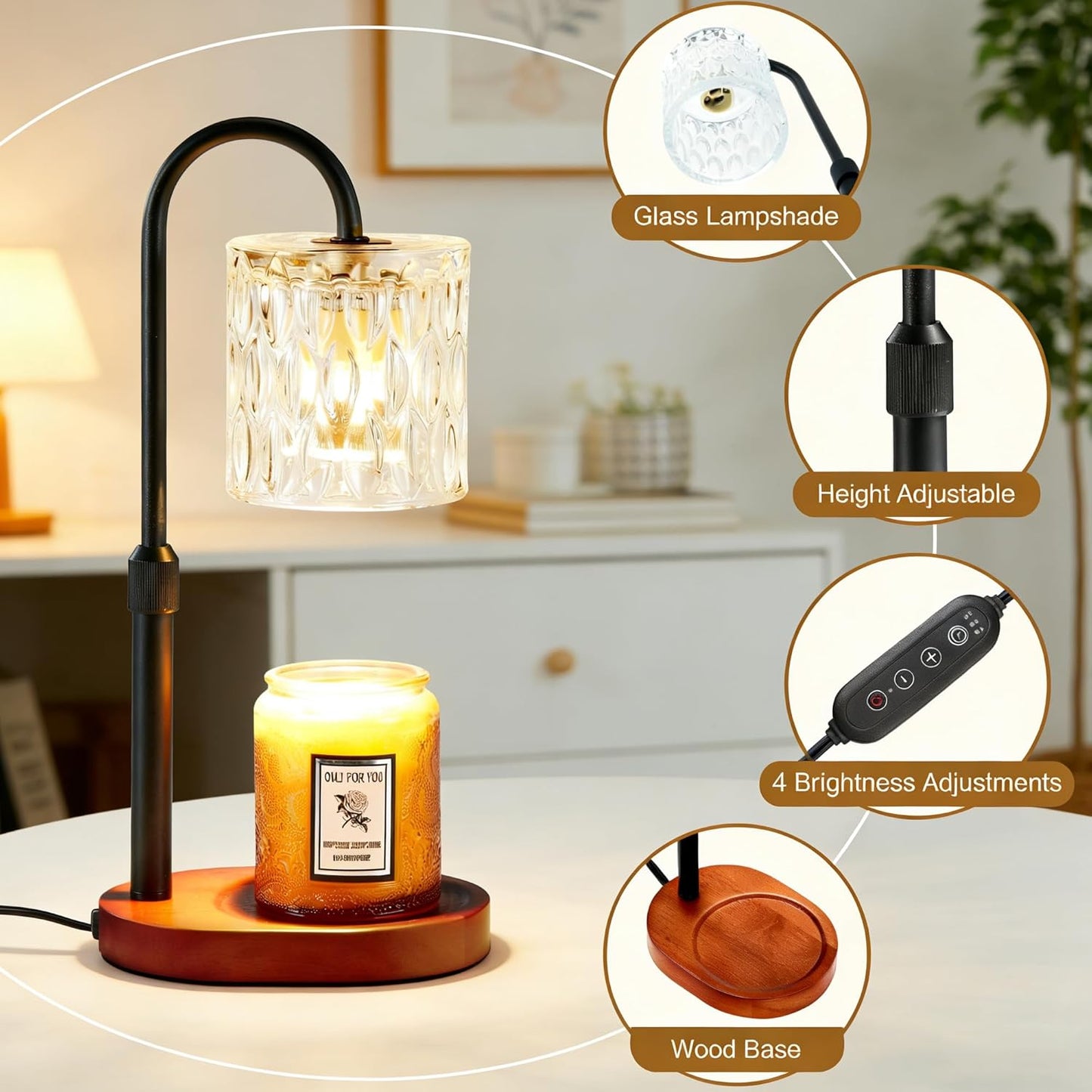 Dreamholder Electric Candle Warmer Lamp with Timer, Dimmable Candle Lamp with Adjustable Height, Wax Melter for Jar Candles Wood Base Floral Home Decor Gifts for Women Mom, Silver Glass