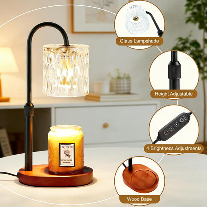 Dreamholder Electric Candle Warmer Lamp with Timer, Dimmable Candle Lamp with Adjustable Height, Wax Melter for Jar Candles Wood Base Floral Home Decor Gifts for Women Mom, Silver Glass