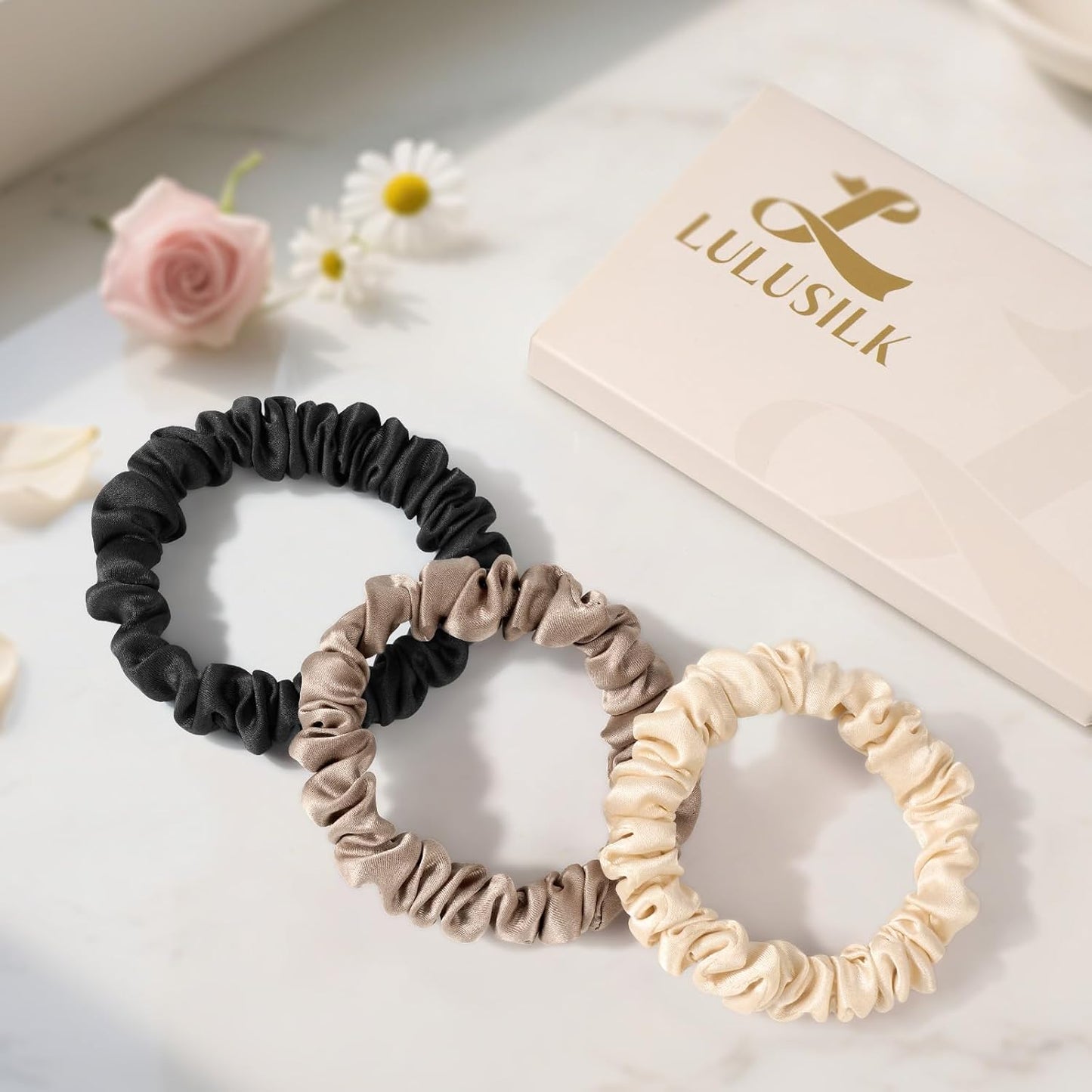 LULUSILK Small Silk Hair Ties No Damage, 100% Real Mulberry Silk, Skinny Scrunchies Ponytail Holders for Thin Fine Hair, Brown, Pack of 3