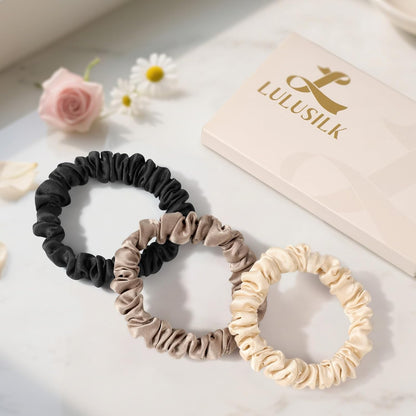 LULUSILK Small Silk Hair Ties No Damage, 100% Real Mulberry Silk, Skinny Scrunchies Ponytail Holders for Thin Fine Hair, Brown, Pack of 3