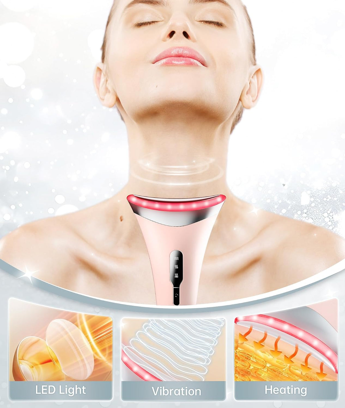 Dopsikn 7 Color Galvanic Machines - Red Light Therapy for Face and Neck, Face Massager Tool for Wrinkles, Double Chin, Vibrating Facial Massager with Thermals, Pink