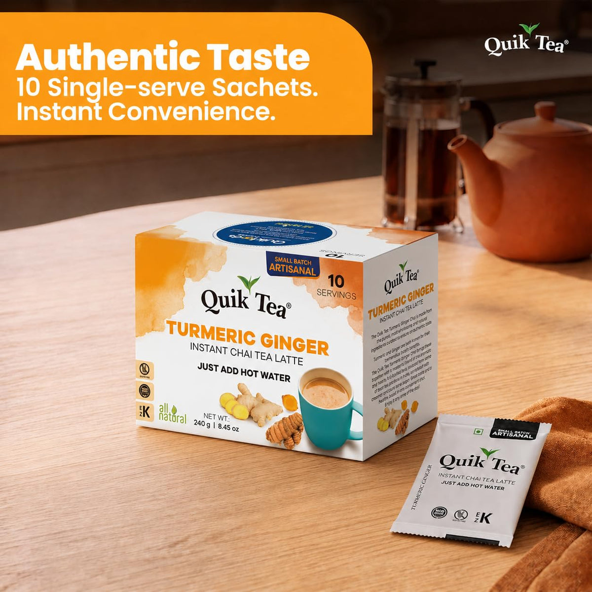 QuikTea Instant Chai Tea Latte Mix, Turmeric Ginger, 10 Sachets