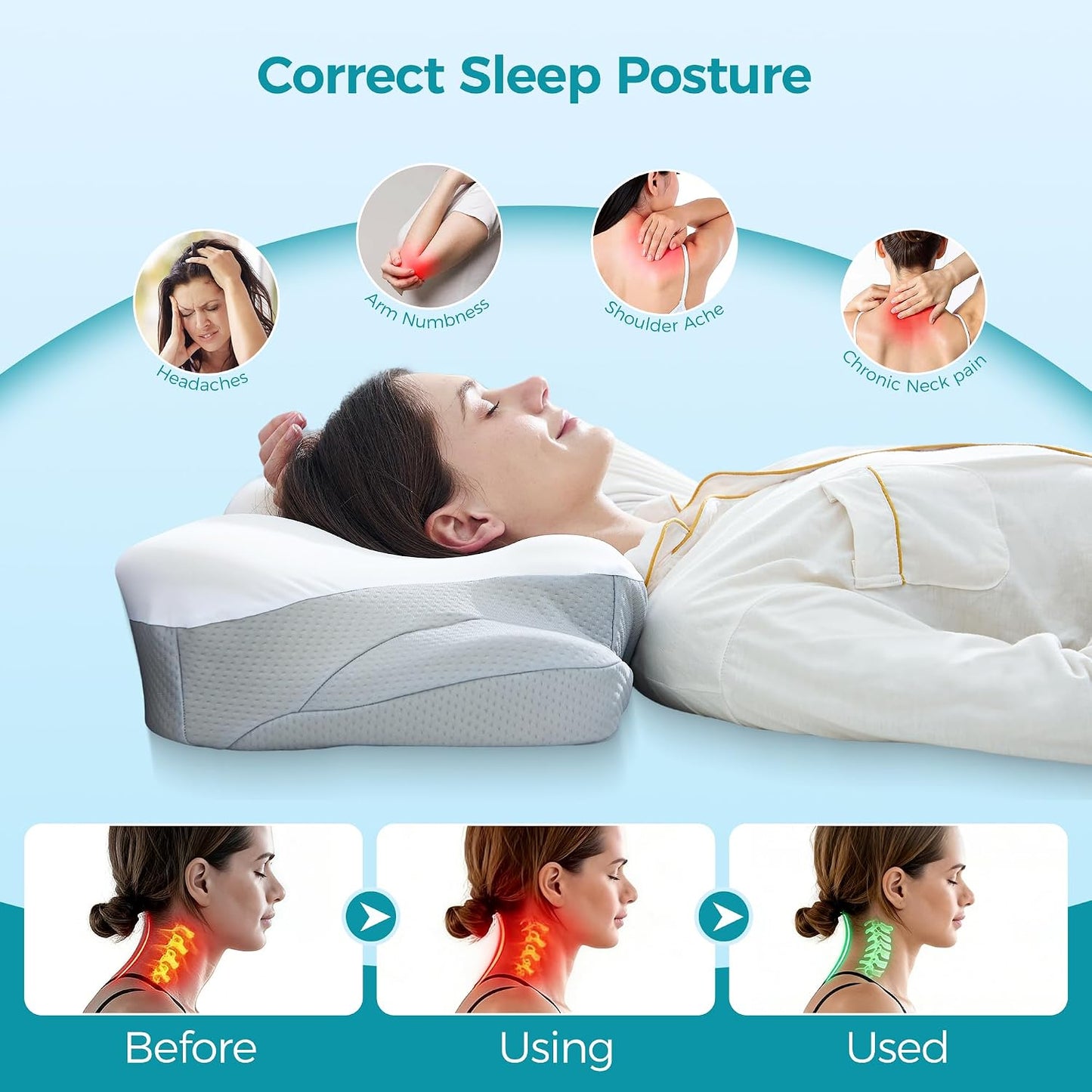 BDEUS Sleep Apnea Pillow, Cervical Neck Pillow for Pain Relief, Ergonomic Side Sleeper Pillow for Adults, Orthopedic Contour Memory Foam Pillow for Neck Support, Anti Snore, Cooling, White
