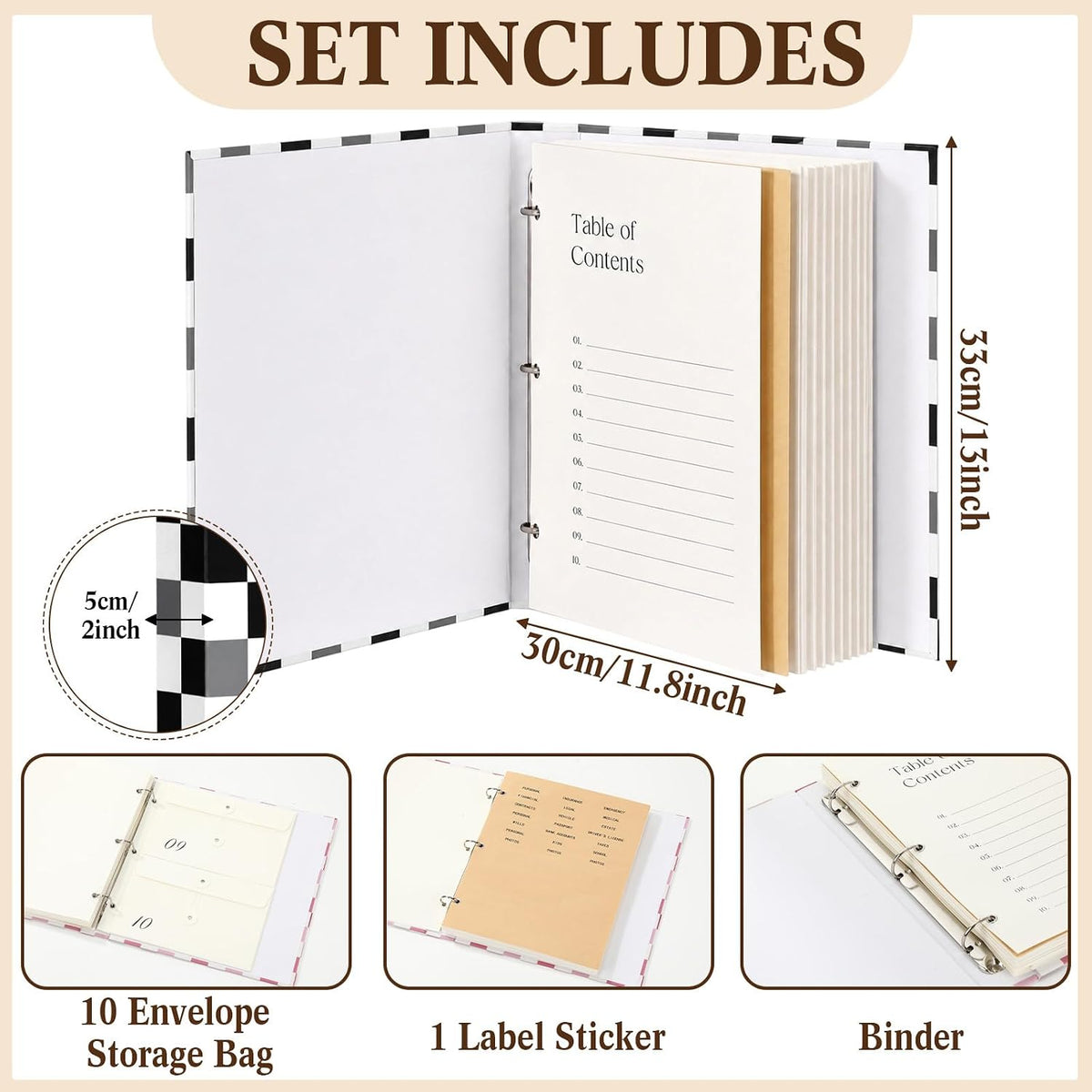 Important Document Organizer Folder Binder Checkered, Green