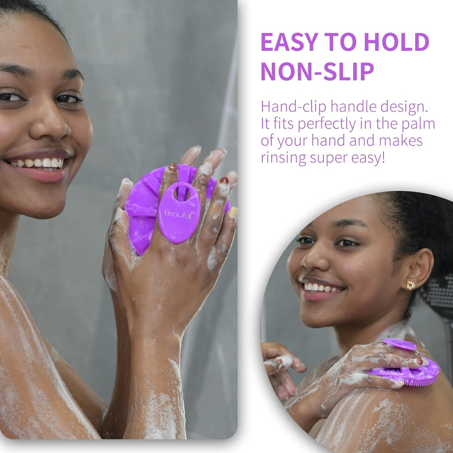 Silicone Body Scrubber 2 Pack, BEAUTAIL Shower Bath Scrubber, More Hygienic Than Traditional Loofah, Lather Nicely, Gentle Exfoliating Brush for Women Men Baby Sensitive Skin, Black+Purple
