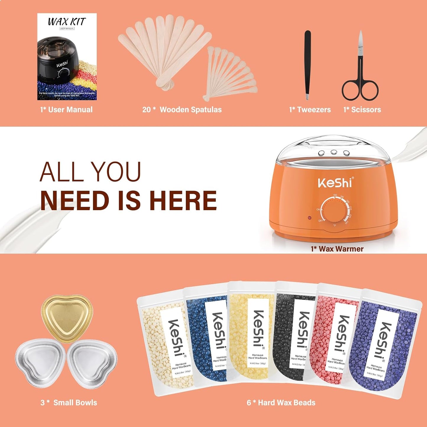 KeShi Waxing Kit, Painless Hair Removal Wax Warmer with 6 Bags Hard Wax Beans for Full Body, Legs, Face, Eyebrows & Bikini— Ideal for Both Women & Men