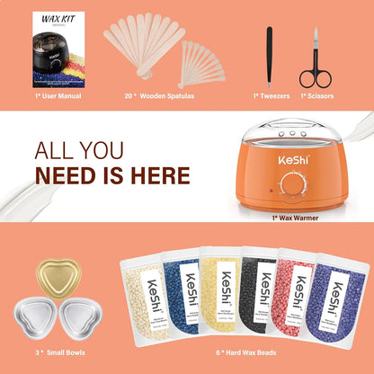 KeShi Waxing Kit, Painless Hair Removal Wax Warmer with 6 Bags Hard Wax Beans for Full Body, Legs, Face, Eyebrows & Bikini— Ideal for Both Women & Men