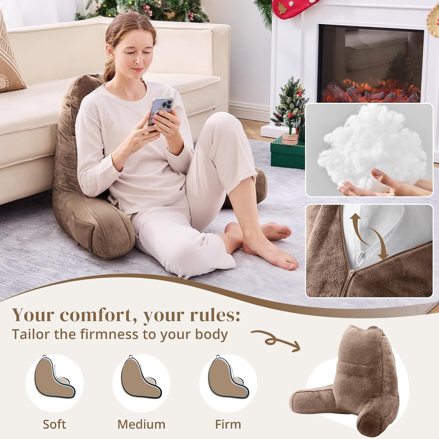 Sasttie Reading Pillows for Sitting in Bed Adult, Back Pillow Bed Sitting Up, Back-Rest Support Cushion for Sit Up on Couch, Sofa, and Floor, Dorm Essentials, Oeko-Tex Certified, Dark Grey