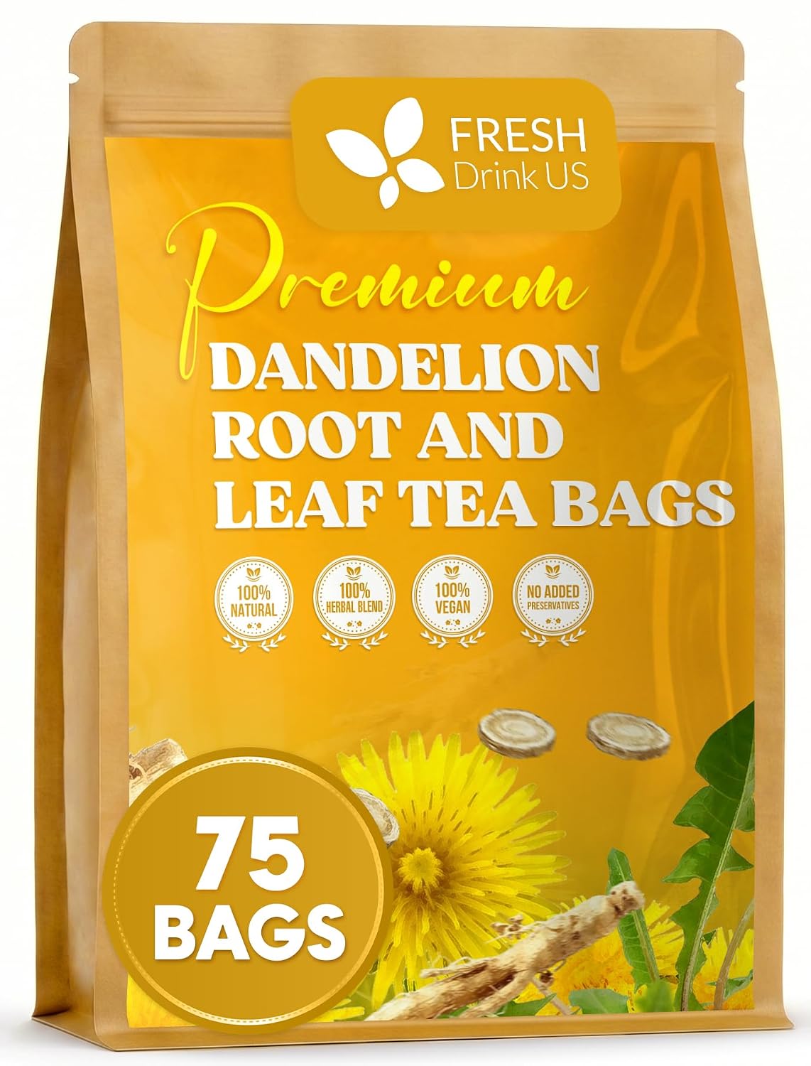 FreshDrinkUS, Premium 75 Dandelion Leaf and Roots Tea Bags, 100% Natural & Pure, Herbal Tea, Daily Infusion Botanical, No Sugar, No Caffeine, No Gluten, Vegan. Powerful Support.