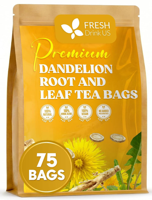 FreshDrinkUS, Premium 75 Dandelion Leaf and Roots Tea Bags, 100% Natural & Pure, Herbal Tea, Daily Infusion Botanical, No Sugar, No Caffeine, No Gluten, Vegan. Powerful Support.