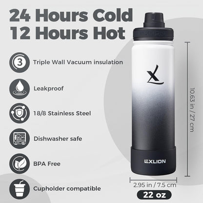 Lexlion Tea Infuser Water Bottle 32 Oz – Triple Wall Insulated Stainless Steel, Loose Leaf & Fruit Strainer, 3 Leakproof Lids, BPA-Free Silicone Sleeve, Reusable Thermal Mug