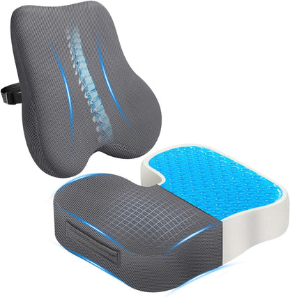 Gel Seat Cushion & Lumbar Support Pillow Set, Cooling Memory Foam for Tailbone & Sciatica Pain Relief, Ergonomic Office Chair Cushion with Breathable Mesh Cover for Car, Home, Wheelchair (Black)