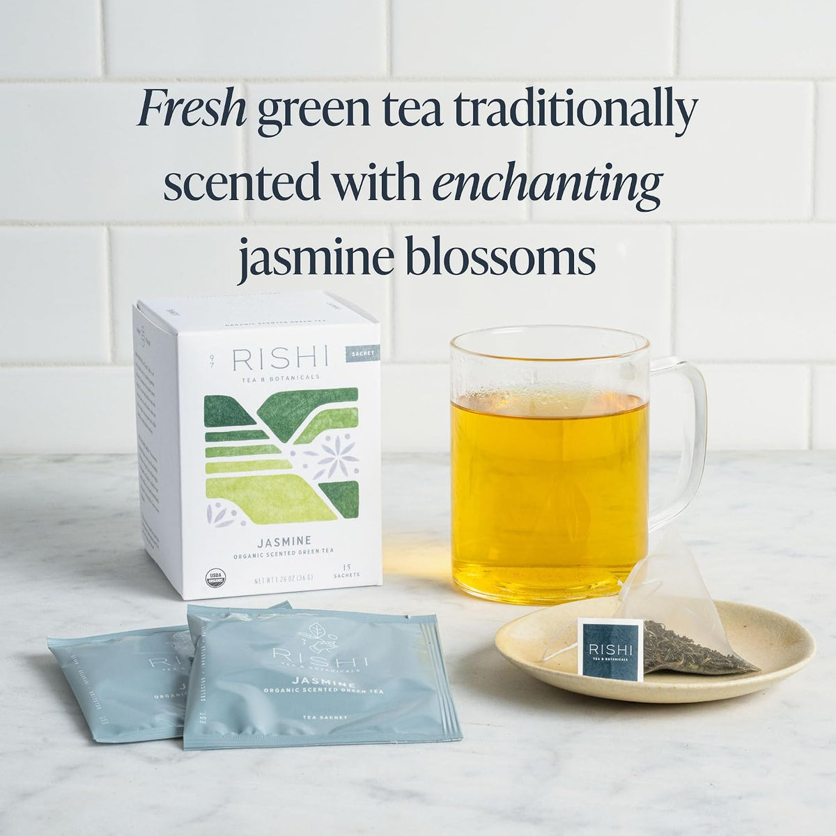 Rishi Tea Jasmine Organic Chinese Green Sachet Tea Bags, Caffeinated, 15ct