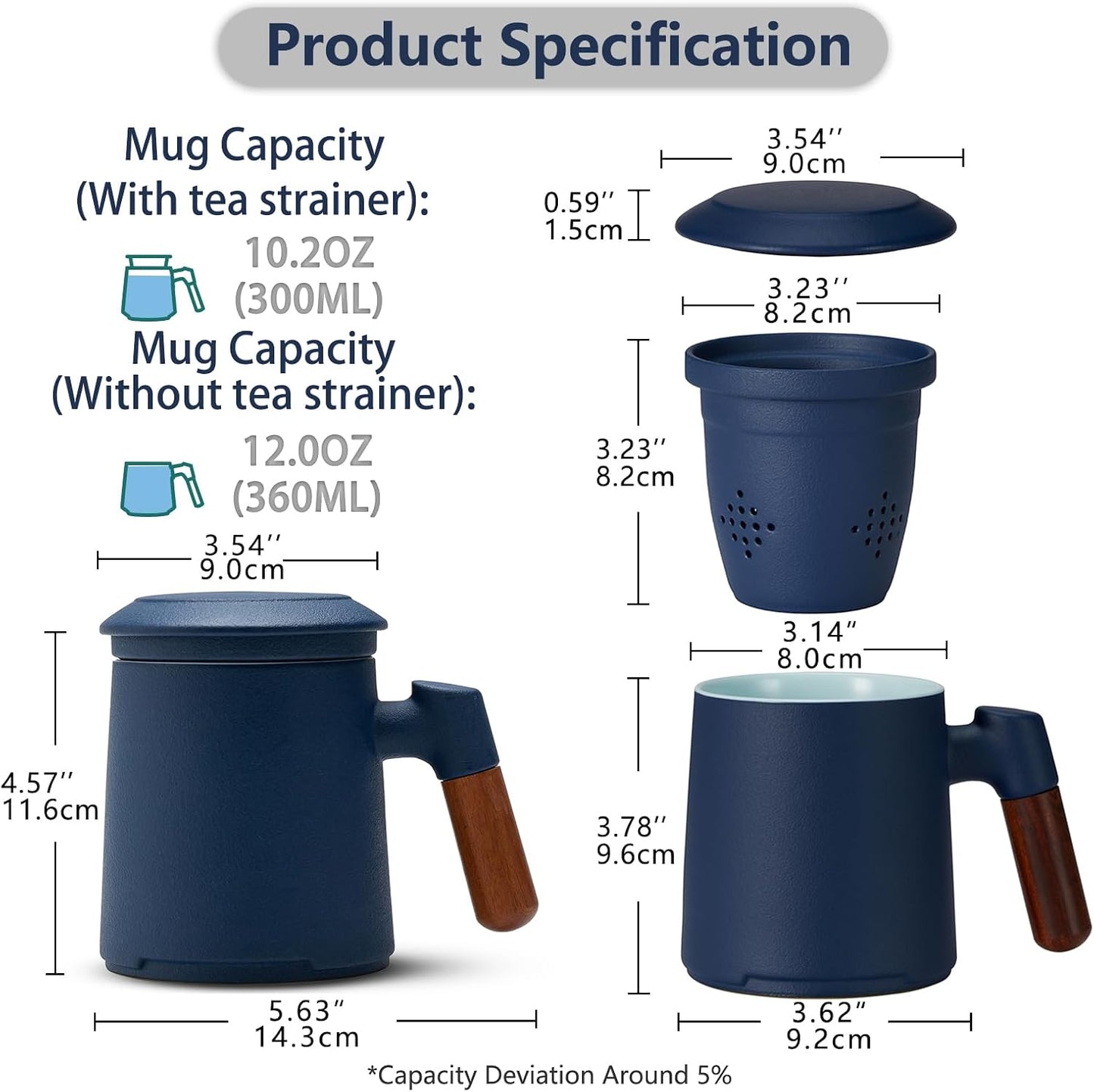 ZENS Embossed Ceramic Tea Mug with Infuser and Lid, 14.5 oz Wooden Handle, Loose Leaf Tea Steeper Cup & Strainer for Tea Lovers Gifts