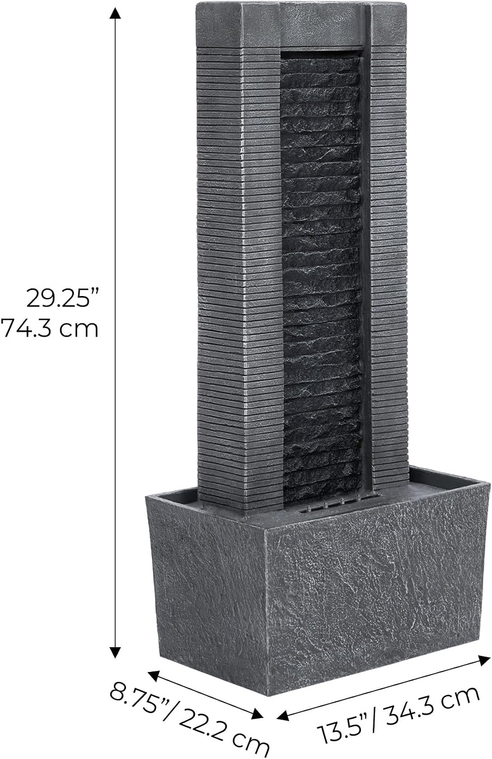 Teamson Home 38.58 in. Modern Curved Faux Slate Waterfall Fountain for Indoors or Outdoors with LED Light Accents and 1.98-Gallon Pump, Black and Stone Gray | Freestanding Floor Garden Waterfall, LED Lights, Weatherproof Polyresin, For Patio & Yard