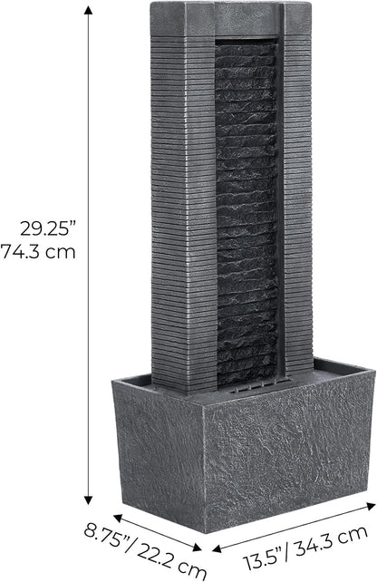 Teamson Home 38.58 in. Modern Curved Faux Slate Waterfall Fountain for Indoors or Outdoors with LED Light Accents and 1.98-Gallon Pump, Black and Stone Gray | Freestanding Floor Garden Waterfall, LED Lights, Weatherproof Polyresin, For Patio & Yard