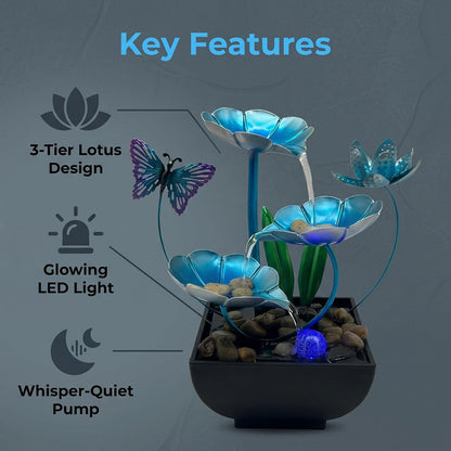 Tabletop Fountain,Indoor Water Fountain,Home Fengshui Décor Zen Relaxation Soothing Sound Machine for Office,Living Room,or Bedroom,Green Lotus,Hummingbird & Pink Flower,9.1inch