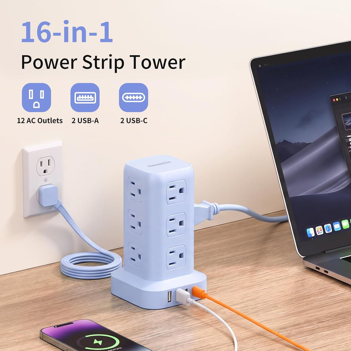 Extension Cord with Multiple Outlets, SMALLRT Power Strip Tower, Outlet Extender with 12 AC Outlets 4 USB, 6.5FT Extension Cord for Home Dorm Room, Office Supplies,Overload Protection