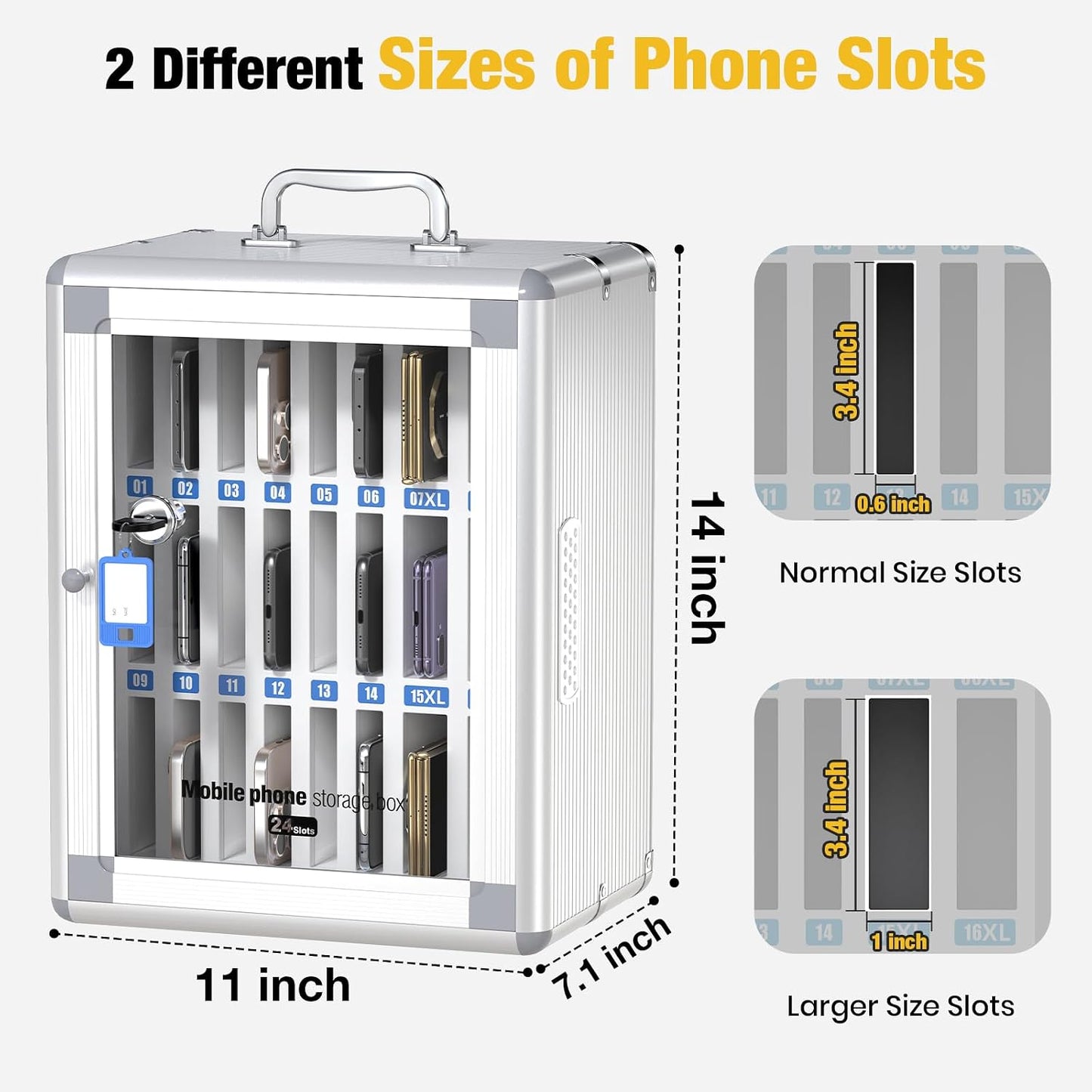 Glosen 24 Slots Cell Phone Locker, Portable Phone Storage Cabinet [Wall Mounted] [Aluminum Alloy] Cellphone Lock Box with Key & Handle for School Classroom Office Exam (Black)