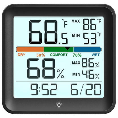 Indoor Thermometer Room Temperature Home Hygrometer Humidity Gauge, Accurate with Calibration, Backlight, Air Comfort Indicator, 24H Max Min Records, Time, Date (AAA Batteries Included)