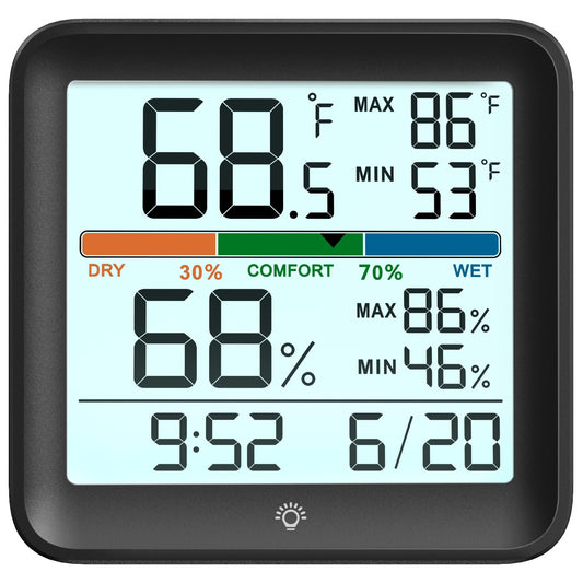 Indoor Thermometer Room Temperature Home Hygrometer Humidity Gauge, Accurate with Calibration, Backlight, Air Comfort Indicator, 24H Max Min Records, Time, Date (AAA Batteries Included)
