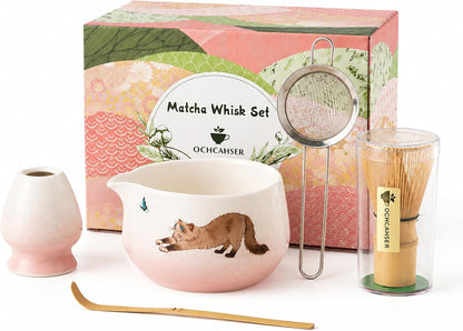 Matcha Set, Japanese Tea Set Includes Matcha Bowl with Spout, Matcha Whisk Holder, Bamboo Matcha Whisk and Bamboo Scoop, 17 oz Mottled Green Glaze Ceramic Matcha Kit for Tea Lovers