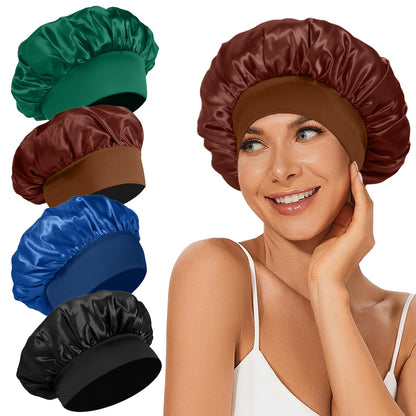 4Pcs Satin Bonnet Silk Bonnet, Hair Bonnet for Sleeping | Elastic Wide Band Silk Sleep Cap, Soft and Breathable, Black Red Purple Gold