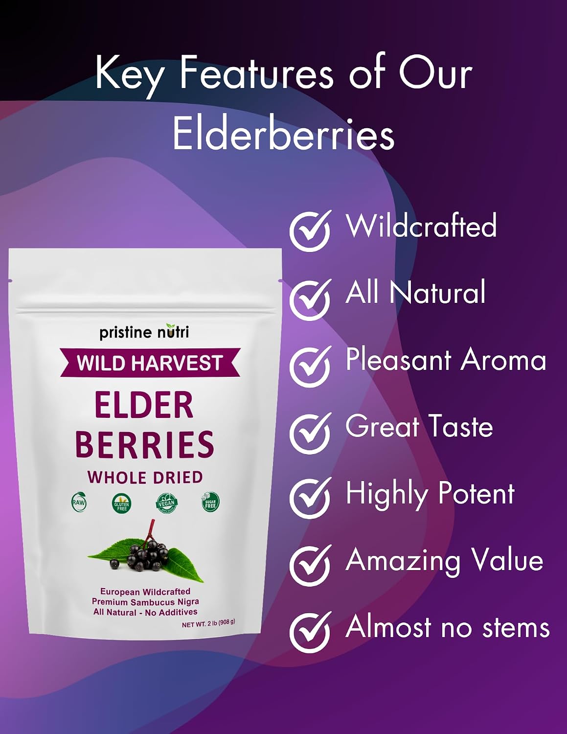 Elderberries Dried Bulk | Whole European Elderberry Dried, Wildcrafted All Natural | Non-GMO, Non-irradiated | Immunity Booster Antioxidants and Vitamins | Make Syrup, Tea| 2 lb (32 oz)