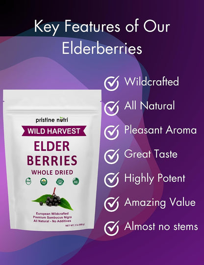 Elderberries Dried Bulk | Whole European Elderberry Dried, Wildcrafted All Natural | Non-GMO, Non-irradiated | Immunity Booster Antioxidants and Vitamins | Make Syrup, Tea| 2 lb (32 oz)