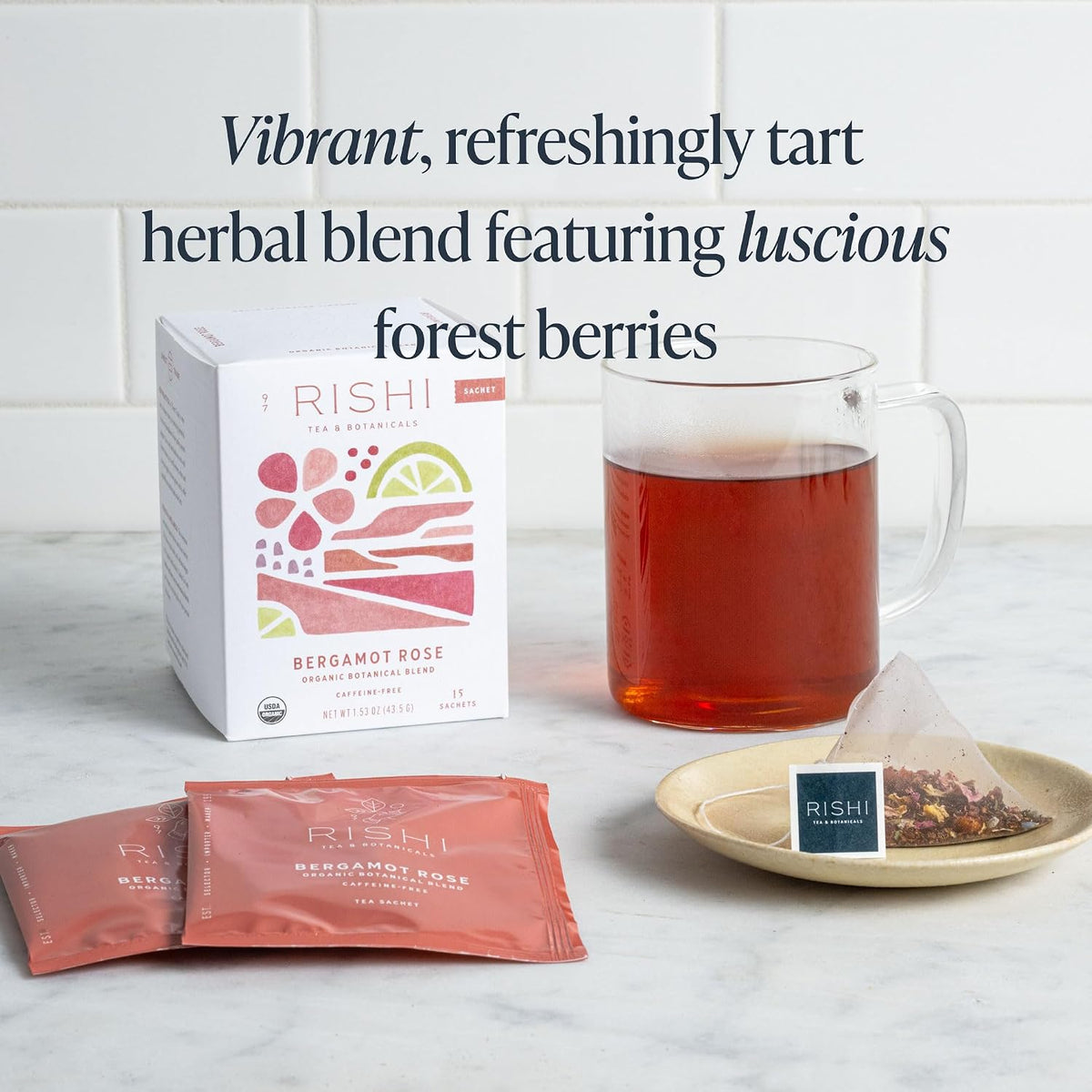 Rishi Tea Bergamot Rose Organic Herbal Sachet Tea Bags, Caffeine Free, 15ct